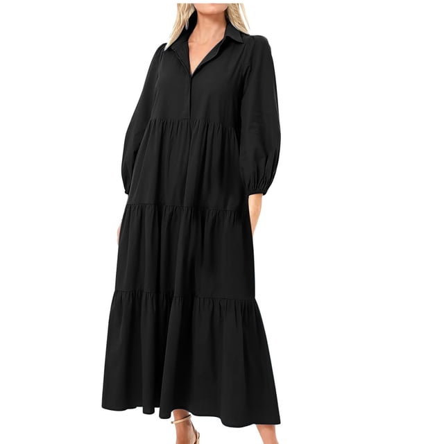 cfhntfmh Robes Fluides pour Femmes Mode Col à Boutons Manches Longues Longue Robe Maxi Automne Ample à Étages Plissée Robe de Plage