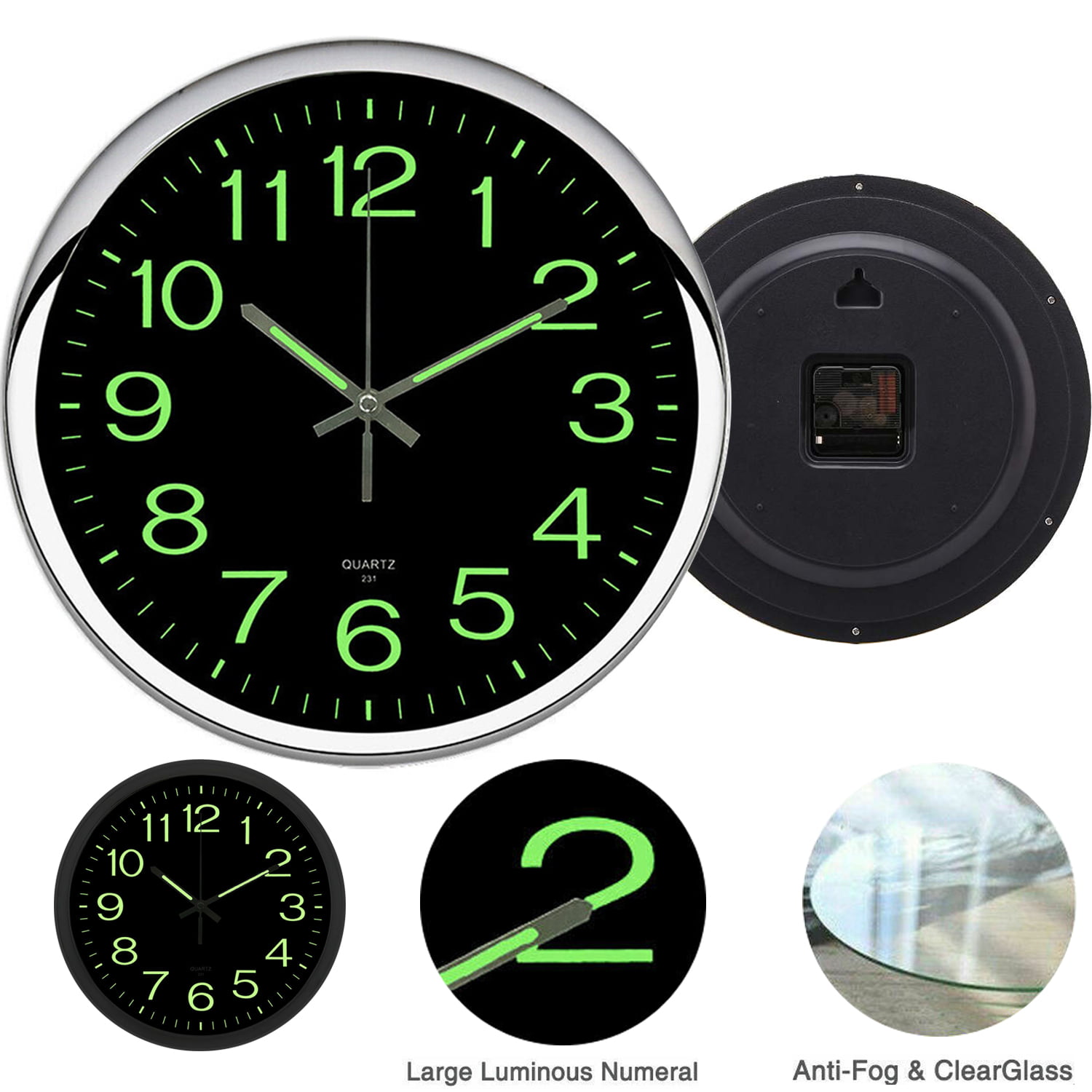 Bedroom Silent Non-Ticking Quartz Luminous Wall Clocks New Home Gift Bathroom Kitchen Decor 12 Inch Glow in The Dark Wall Clock for Living Room Modern Night Light Wall Clock Battery Operated 