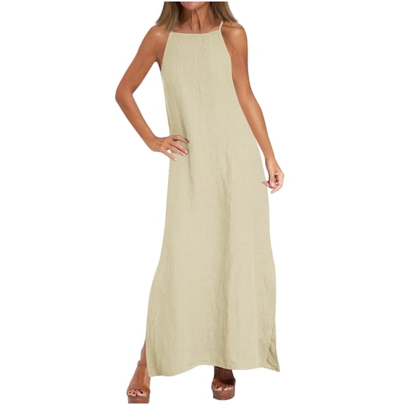 Einccm Women's Sleeveless Linen Dress, Loose Fit Summer Casual V Neck Dress for Beach Vacation, Date Night, Party, Lightweight Flowy Maxi Dress