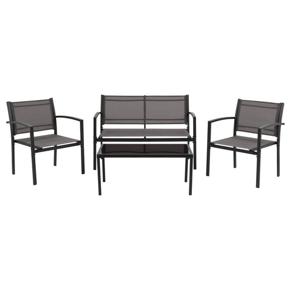 CorLiving 4 Piece Patio Conversation Set with Loveseat, Single Chairs and Glass Tabletop, Outdoor Furniture without Cushions for Small Spaces - Cushionless Patio Furniture Sets, Grey