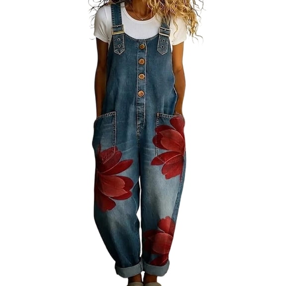 HonYunda Women's Floral Print Denims Bib Overalls, Button-Front Bib Pants Jumpsuit, Wide Leg Loose Fit Jean Romper for Casual Outings and Travel