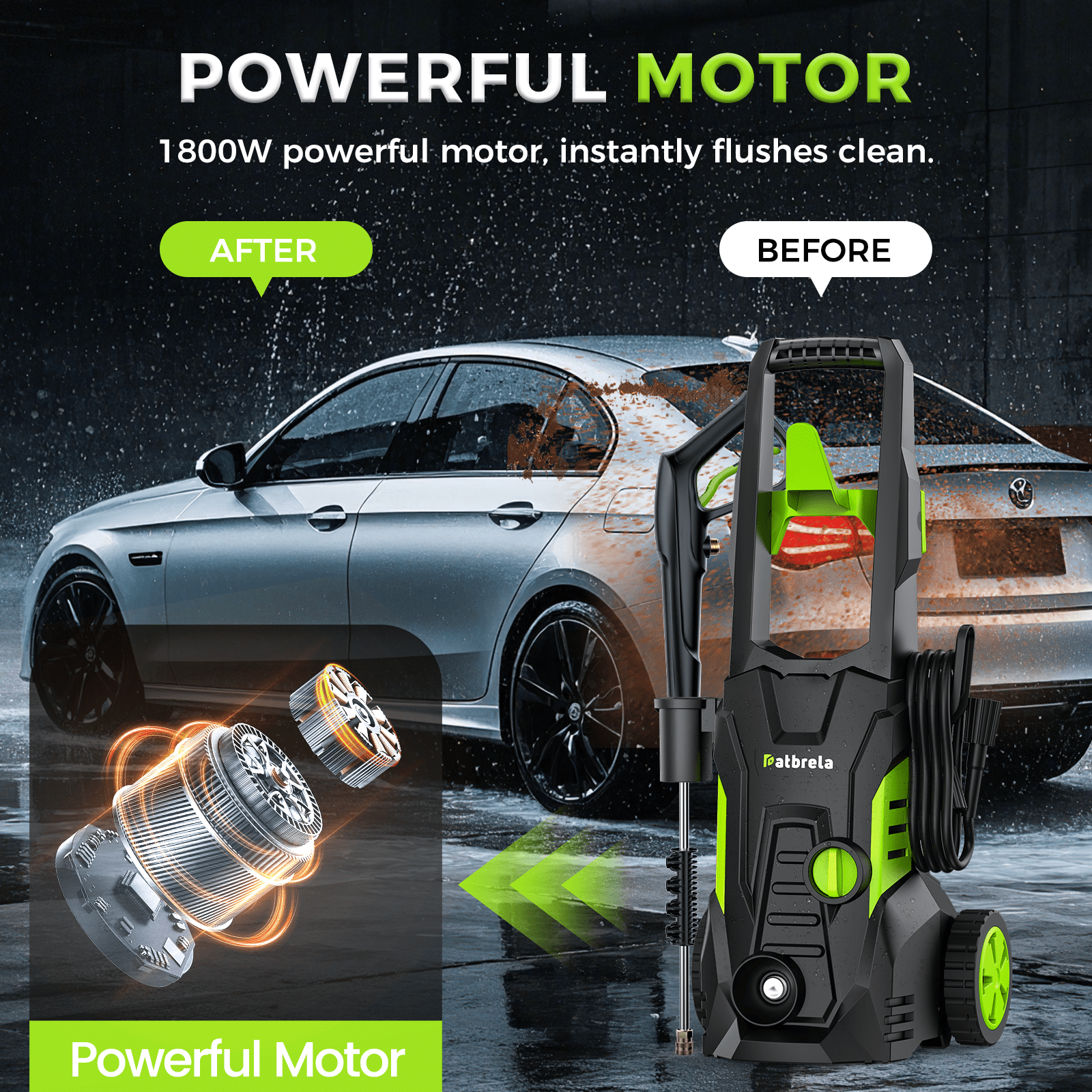 1800W Electric Pressure Washer, 5000PSI Max 3.0 GPM with 4 Nozzles, Portable High Pressure Cleaning Machine Washer with 25FT Cord, 23FT Hose, for Cars, Driveways, Fences, Patios - Green