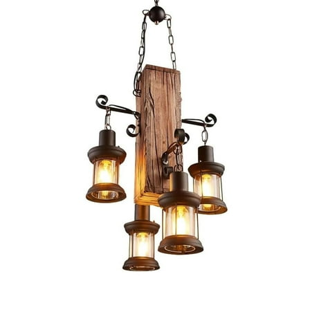SAVINGGET 4 Lamps Wood Vertical Lamp Industrial Vintage Hanging Pendant Chandelier Light Retro Loft Lantern Farmhouse Lighting Kitchen Island Pendant Hanging Light