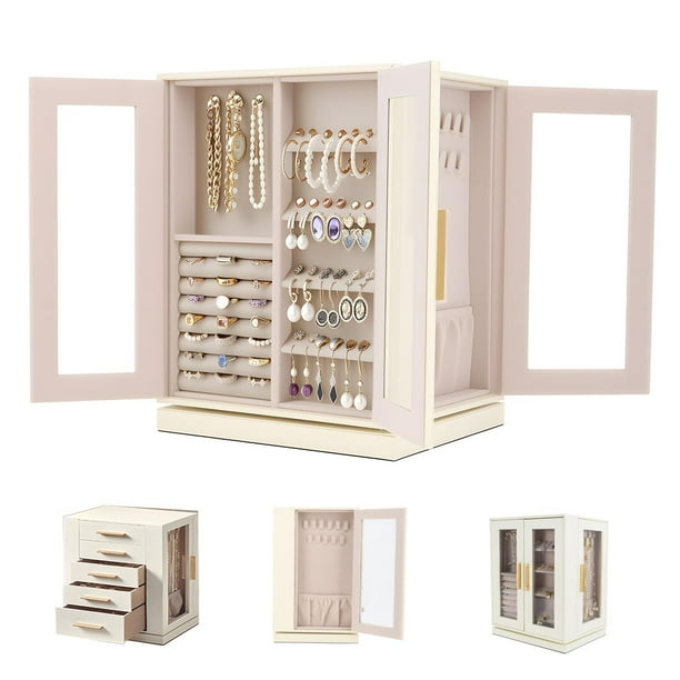 Joyero Organizador para Mujer 360° Giratorio, Alajeros Joyeria Mujer Grande, Caja de Joyas con Cajones Extraíbles de 5 Niveles, Forro de Terciopelo, Almacenamiento para Collares Anillos Aretes