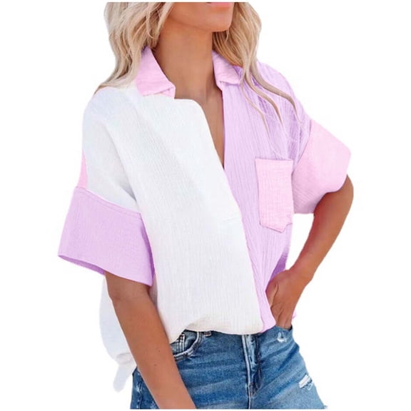 Brilliant Women Tops time and tru Women Causal Button Patchwork Blouse Short Sleeve T-Shirt Summer Tops clothes under $10.00