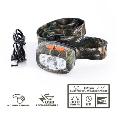 Mossy Oak Camo 300 Lumen Rechargeable Hunting Headlamp, Motion Sensor, UV Blood Tracker