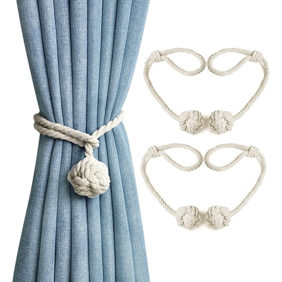 4 Pack Curtain Tiebacks, Natural Cotton Outdoor Curtain Tieback, Hand Woven Knot Ball Rope Holdbacks, Village Rustic Boho Decorative Drapes Window Drapery Pull Backs Ties Holders,2 Pair Beige