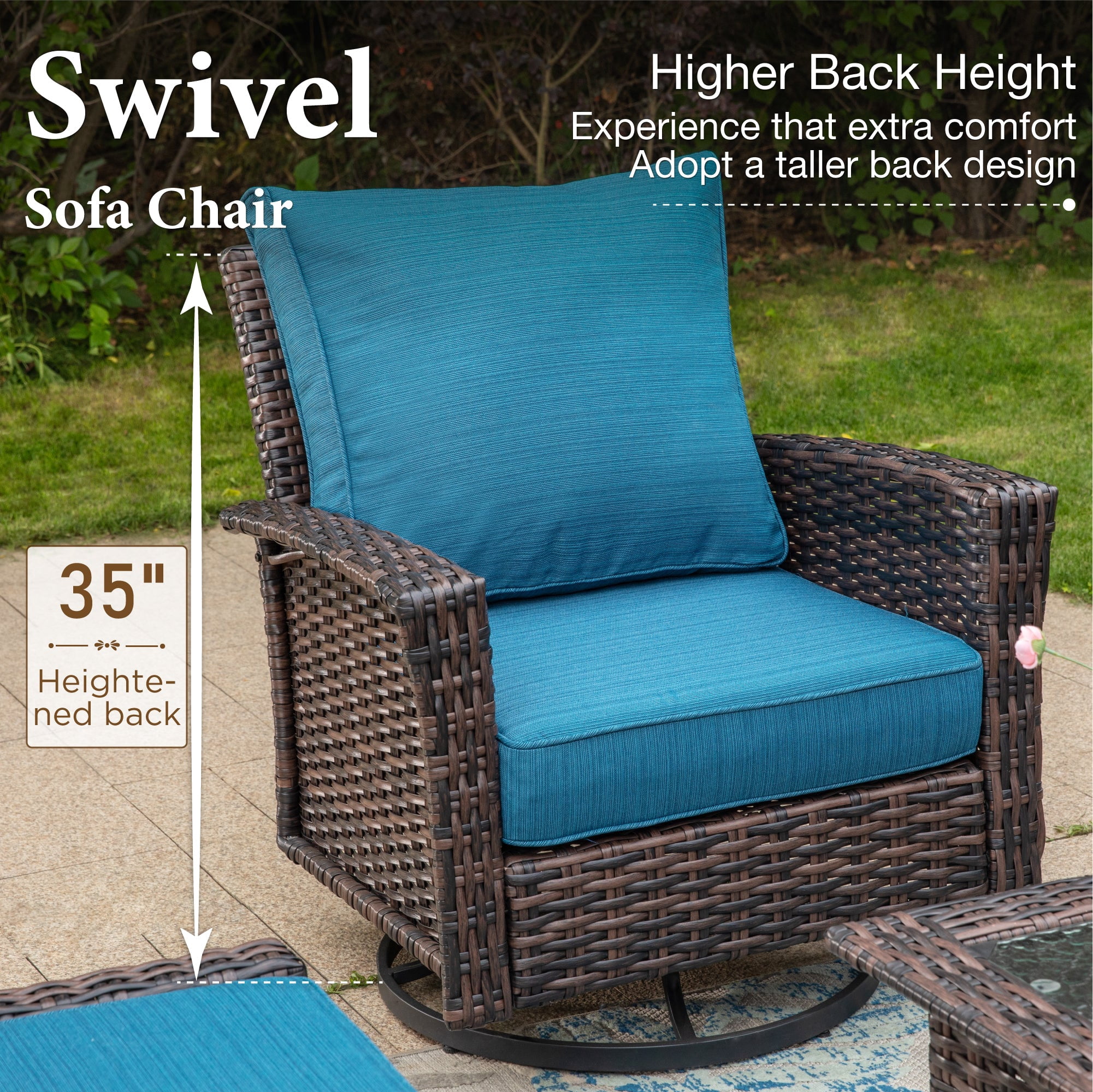SUMMIT LIVING 9-Seat Patio Furniture Set with 56" Gas Fire Pit Table (50,000 BTU), Wicker Sectional  Outdoor Conversation Set with Swivels Chairs, Peacock-blue