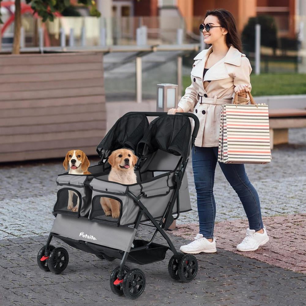 Yardi Yarda Foldable Double Pet Stroller with Adjustable Sunshade and Storage Basket, Dog Strollers, Pet Gear Stroller-Gray
