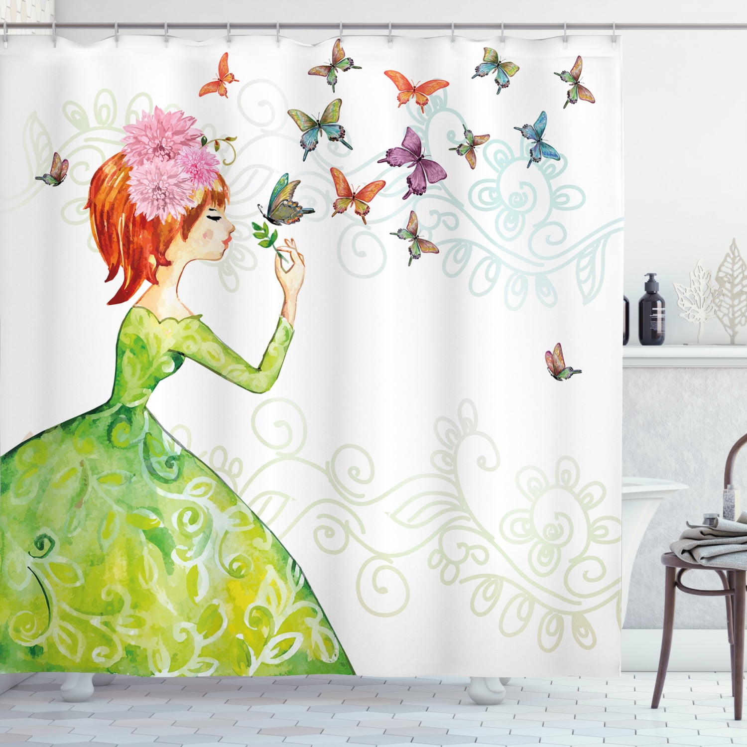 Download Butterfly Shower Curtain Floral Lady In Green Dress With Leaf Ornaments Flower Pastel Butterfly Fabric Bathroom Set With Hooks Pink Orange Green By Ambesonne Walmart Com Walmart Com