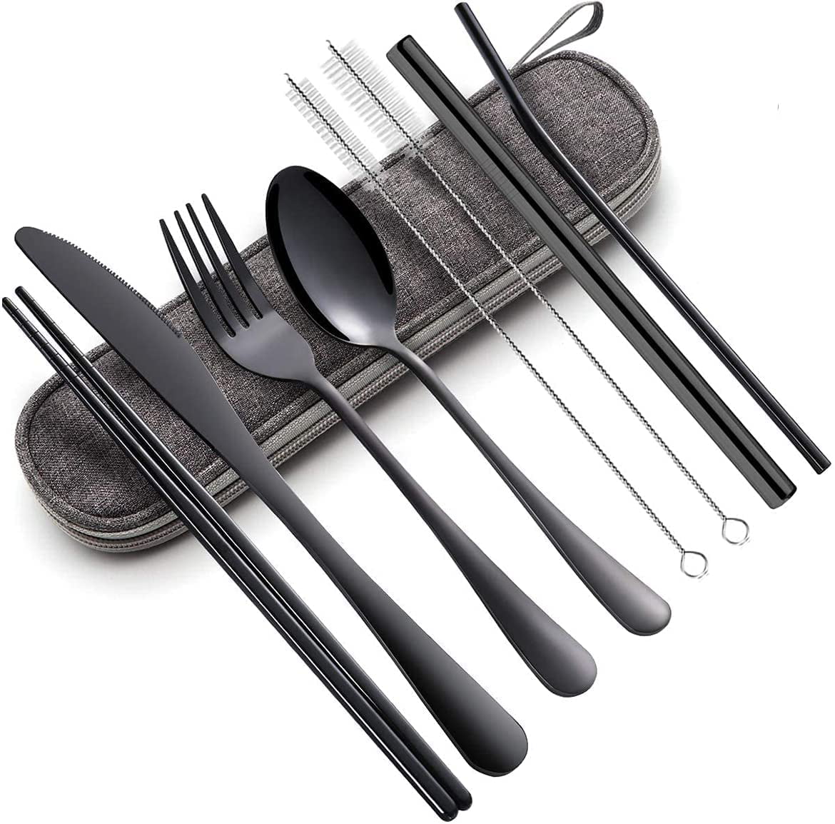 Black Portable Flatware Cutlery Set with Case,Stainless steel Travel Utensil set 8 Piece Travel Utensils Silverware with Case Camping Cutlery set,Chopsticks and Straw for Camping