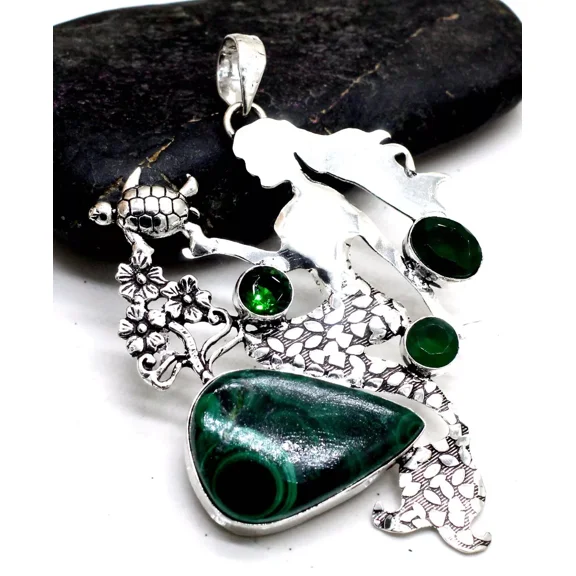 925 Sterling Silver Malachite & Chrome Gemstone Jewelry Pendant Size-2.50"