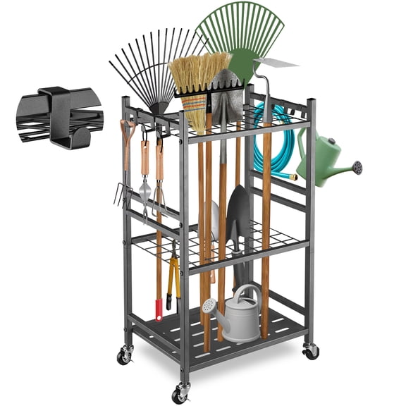Garden Tool Organizer with Wheels, with 40 Slots and 6 Hooks, Multi-Layer Storage Rack for Garage Shed, Carbon Steel, Gray