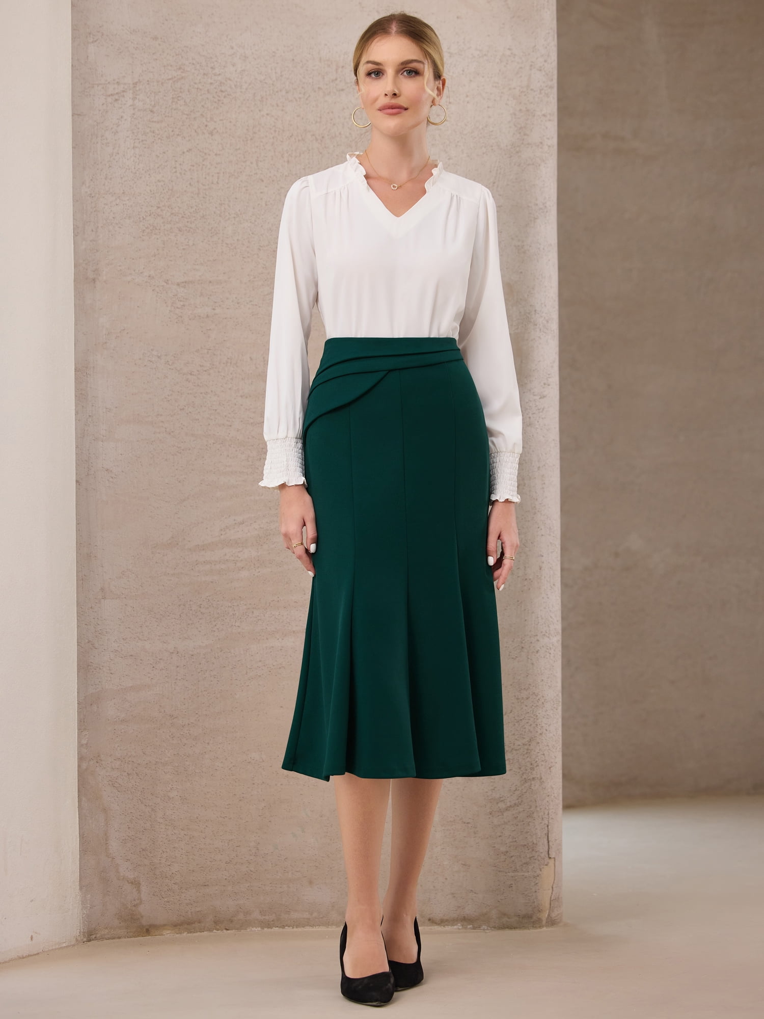 DARING DIVA Women's High Elastic Waist Fishtails Midi Skirts for Work M Green Blue