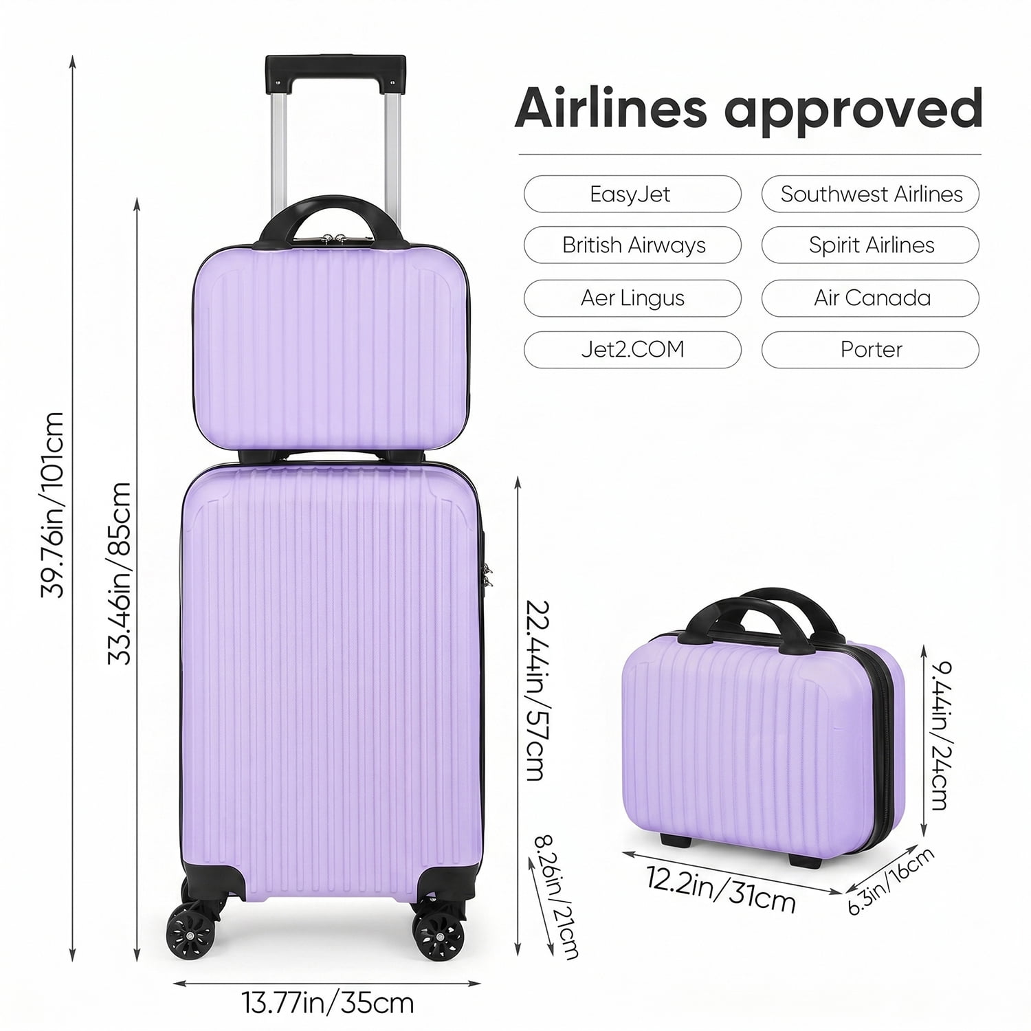 2 Piece Vertical Striped Luggage Set, Carry On Hardside Suitcase with Spinner Wheels & TSA Lock, Lightweight Travel Luggage with Cosmetic Case Purple