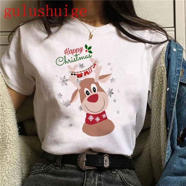 Camiseta de Feliz Navidad de Papá Noel para mujer, camiseta de reno navidad, camiseta de manga corta Harajuku para chica, ropa femenina de los años 90