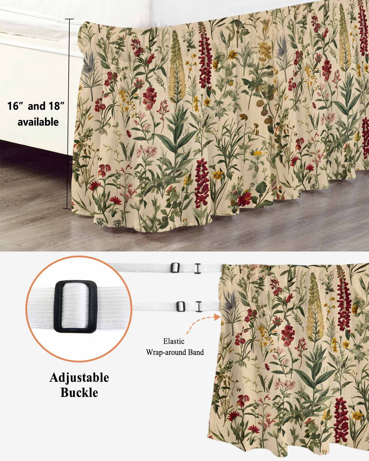 Rustic Botanical Wrap Around Bed Skirts for King Bed 18" Drop, Bed Skirt with Adjustable Elastic Belt Dust Ruffle Bed Valance for Bedroom Hotel Luxury Vintage Floral Wildflower Bed Frame Cover