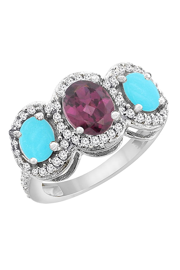 14K White Gold Natural Rhodolite & Turquoise 3-Stone Ring Oval Diamond Accent, size 8