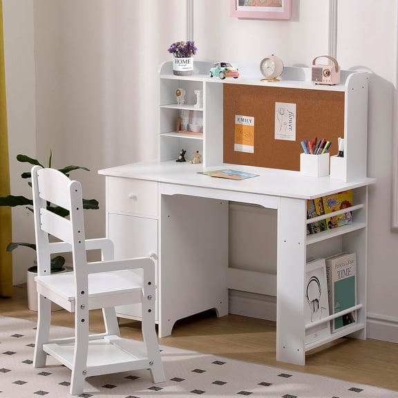 Kids Desk and Chair Set, Wooden Study Table with Storage Shelf, Bulletin Board, Children School Learning Desk Set, Writing Table for Boys and Girls, White