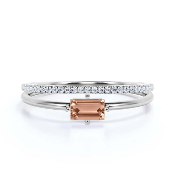 Beautiful Minimalist 1.20 Carat Baguette Cut Morganite And Diamond Moissanite Engagement Ring, Classic Wedding Ring in 925 Sterling Silver With 18k White Gold Plating, Bridal Set, Matching Band
