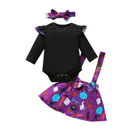 

Bowanadacles Baby Girls 3Pcs Halloween Outfits Romper Funny Print Suspenders Skirt