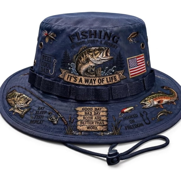 Fishing is a Way of Life Printed Boonie Hat, Wide Brim Bucket Hat with Adjustable Chin Strap for Fishing, Boating, Hiking (Blue)