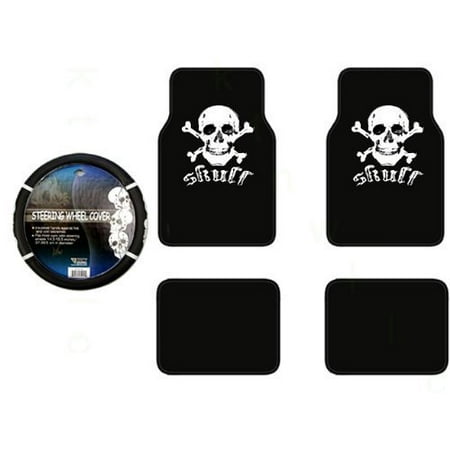 A Set Of 4 Universal Fit Plush Carpet Skull White Floor Mats And 1