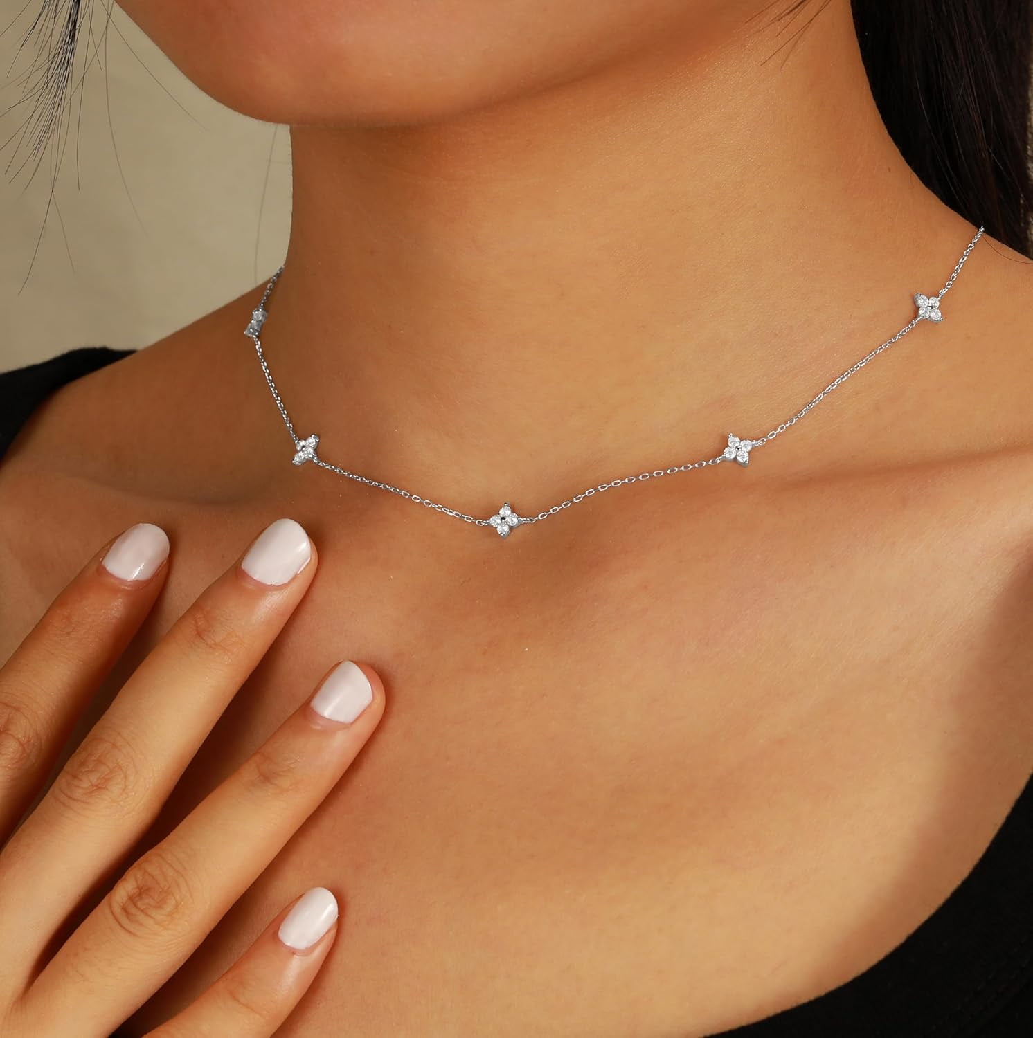 Lucky Leaf Necklace for Women 925 Sterling Silver Trendy 14K Gold Plating Layered Cute White CZ Flowers Pendant Choker Necklaces to Daughter Mom Minimalist Stackable Chain Wedding Prom Brides Jewelry