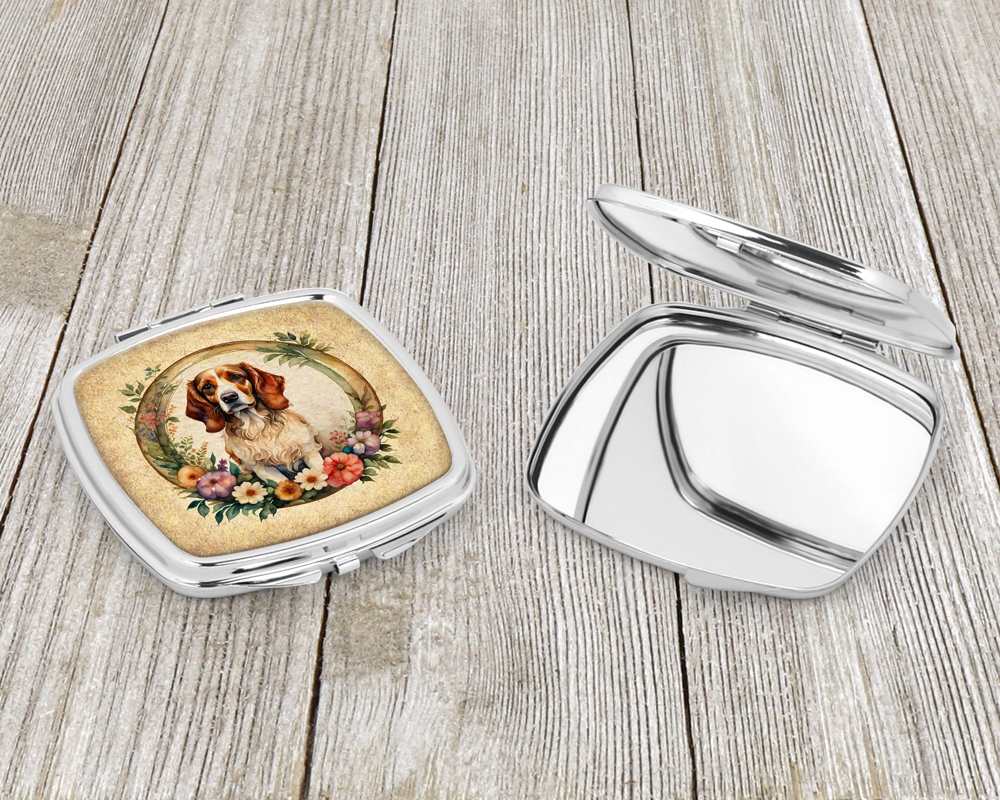 Brittany Spaniel and Flowers Compact Mirror 2.75 in x 3 in