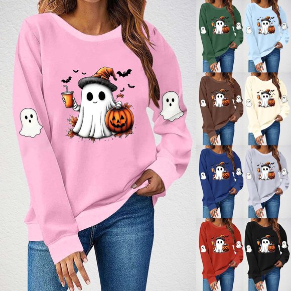 VKOYWKM Sweatshirts for Women Trendy Halloween Sweatshirt Crew Neck Long Sleeve Fall Pullover Tops Pumpkin Ghost Graphic Halloween Sweater