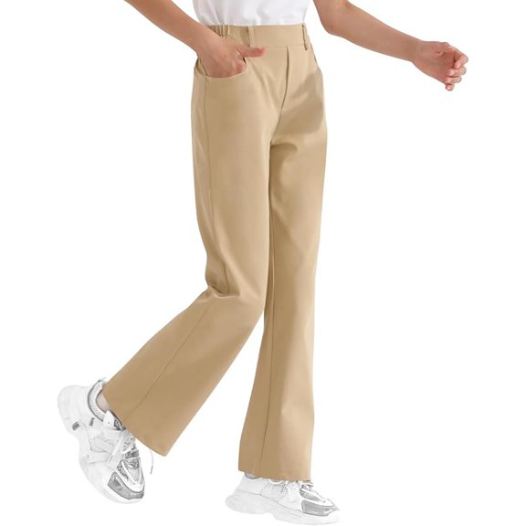 Gunia Little Girls Uniform Pants For School Flared Pants Elastic Waist Pull On Straight Leg Long Trousers Khaki 5-6 Years