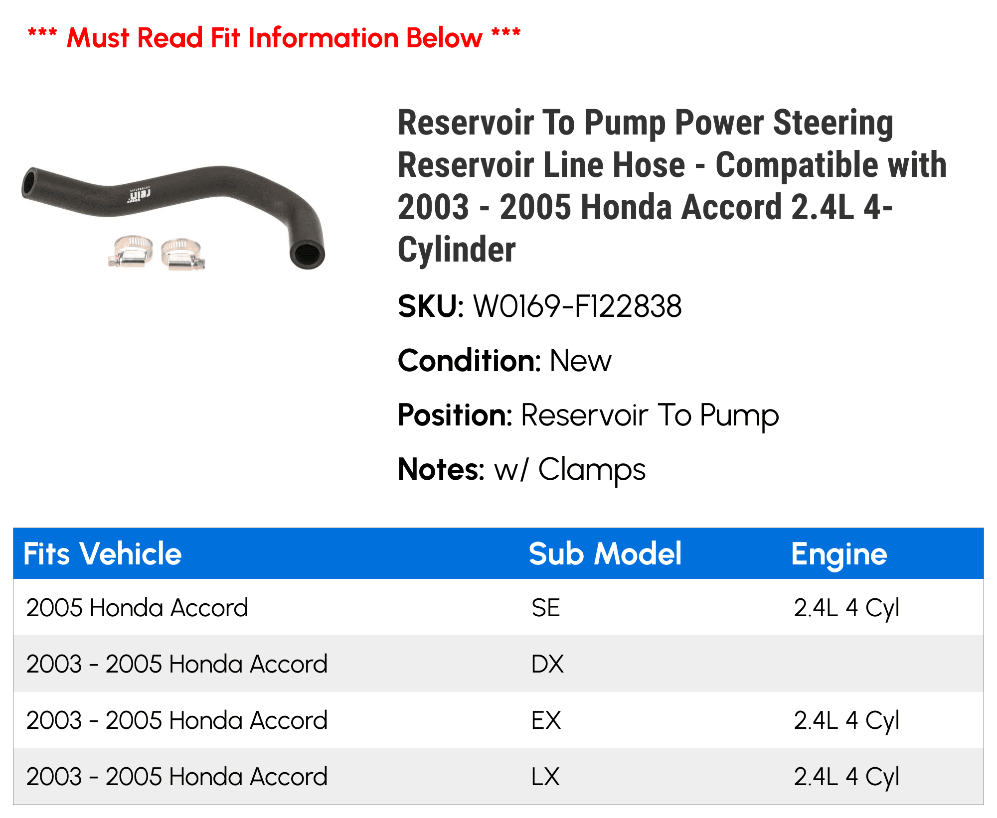 Power Steering Reservoir Line Hose - Reservoir To Pump - Compatible with 2003 - 2005 Honda Accord 2.4L 4-Cylinder 2004