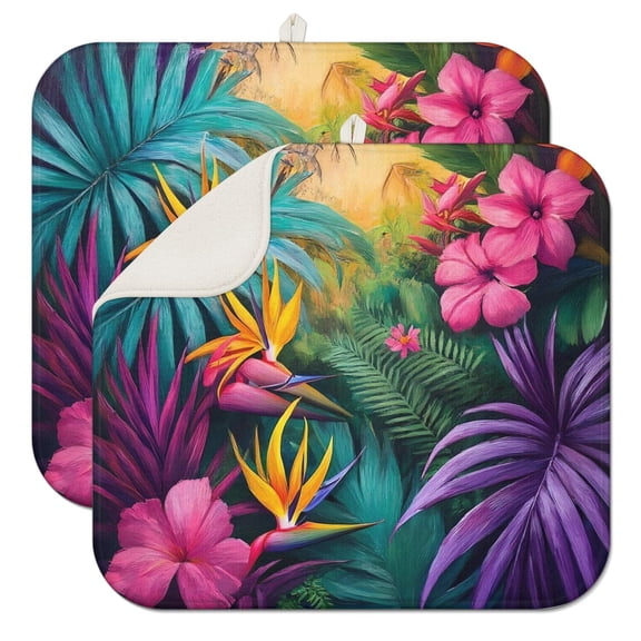 Colorful Tropical Leaf Pattern Dish Drying Mat for Kitchen 1 Pack, Ultra Absorbent Microfiber Dishes Drainer Mats,16"x18"