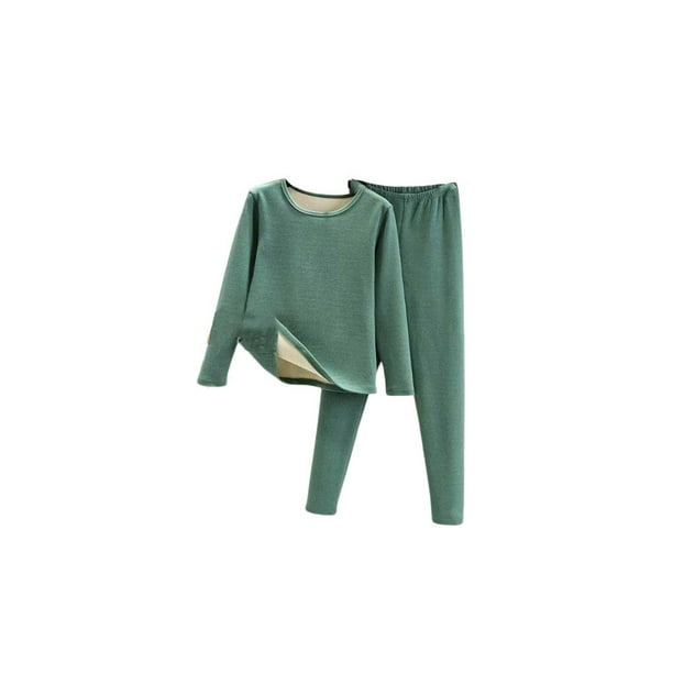 Sonducket Conjunto de ropa interior térmica para mujer Clima frío Cómodo Terciopelo Calzoncillos largos Traje Color sólido Manga completa Ropa interior Verde 3XL