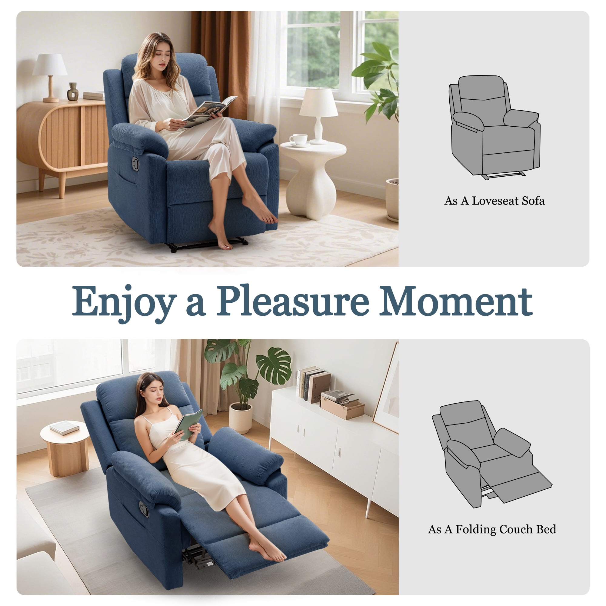 Korser Manual Small Recliner Chair for Small Spaces for Living Room,Corduroy,Blue
