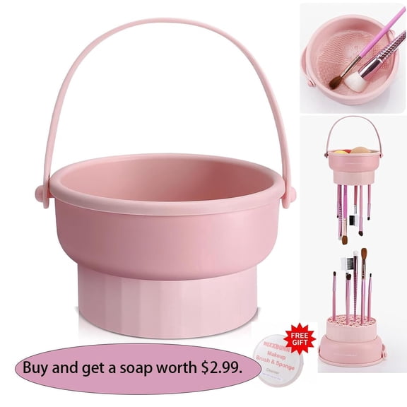 Makeup Brush Cleaner Tool - Pink Silicone Brush Washing Basin with Handle & Drying Rack, Includes Free $2.99 Soap, for Cleaning Brushes & Sponges