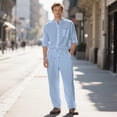 thumbnail image 2 of UVEASISHA Mens Linen Pants Sets Vacation Beach Outfits 2 Piece Summer Long Sleeve Button Down Shirt and Loose Slacks Matching Set with Pockets Light Blue XXL, 2 of 9