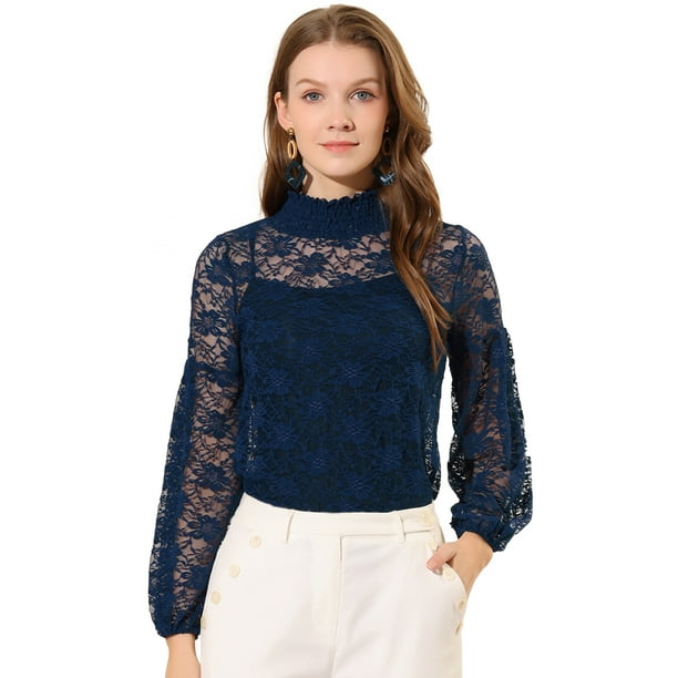 Blusa Mangas Blusa Azul Marino De Encaje Blusa Azul Con Encaje
