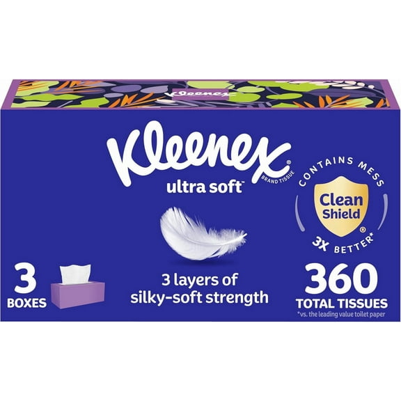 Ultra Soft Facial Tissues, 3 Flat Boxes, 120 Tissues per Box, 3-Ply (360 Total), Packaging May Vary