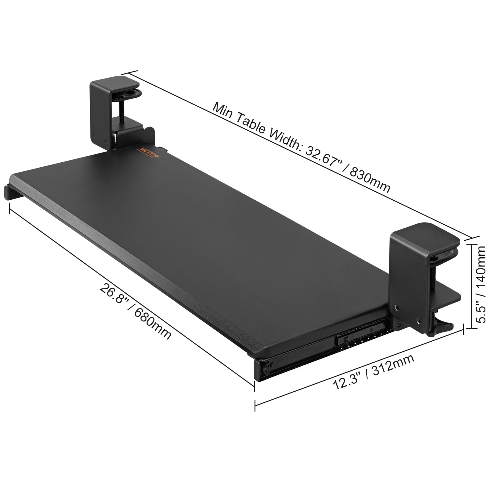 VEVOR Clamp on Keyboard Tray Under Desk, Desk Keyboard Tray Slide out with Sturdy No-drill C Clamp Mount, Large 26.8 x 11 inch Slide-out Computer Drawer for Typing in Home, Office Work