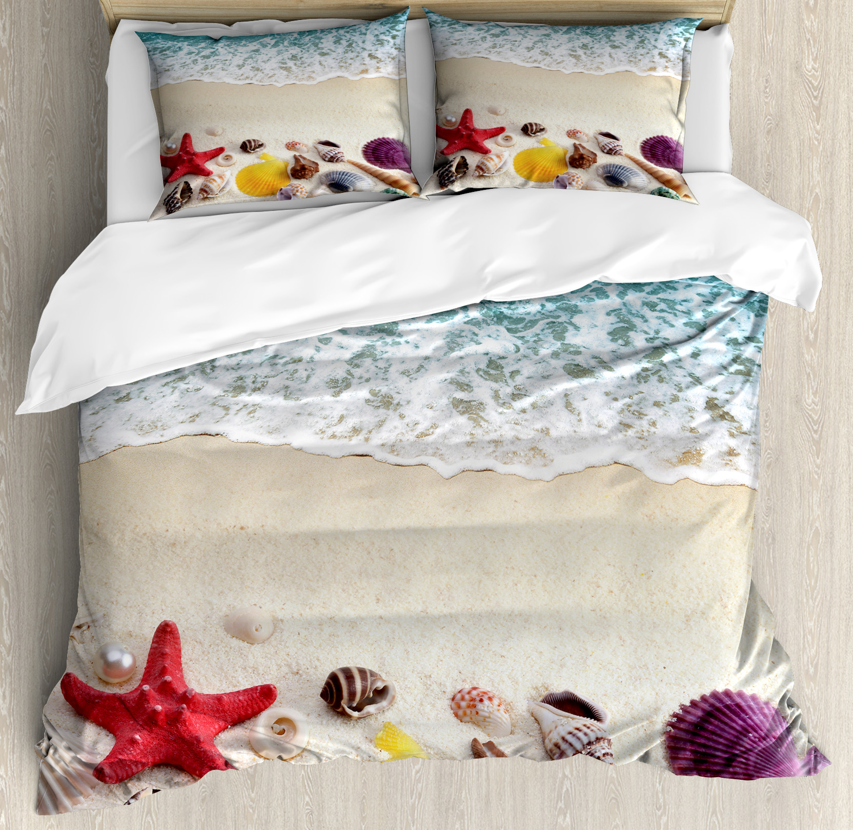 Beach Duvet Cover Set, Sea Shells on Sandy Coast Tropical Island Shore