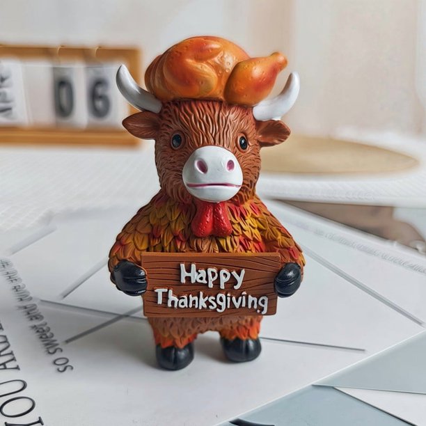Bonita figura de resina de vaca y pavo para Acción de Gracias con hojas de arce y decoración de calabaza.