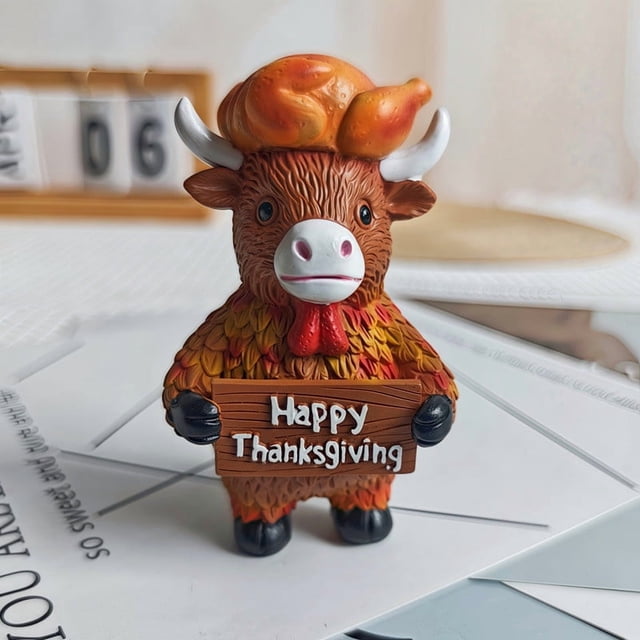 Bonita Figura de Resina de Vaca y Pavo para Acción de Gracias con Hojas de Arce y Decoración de Calabaza.