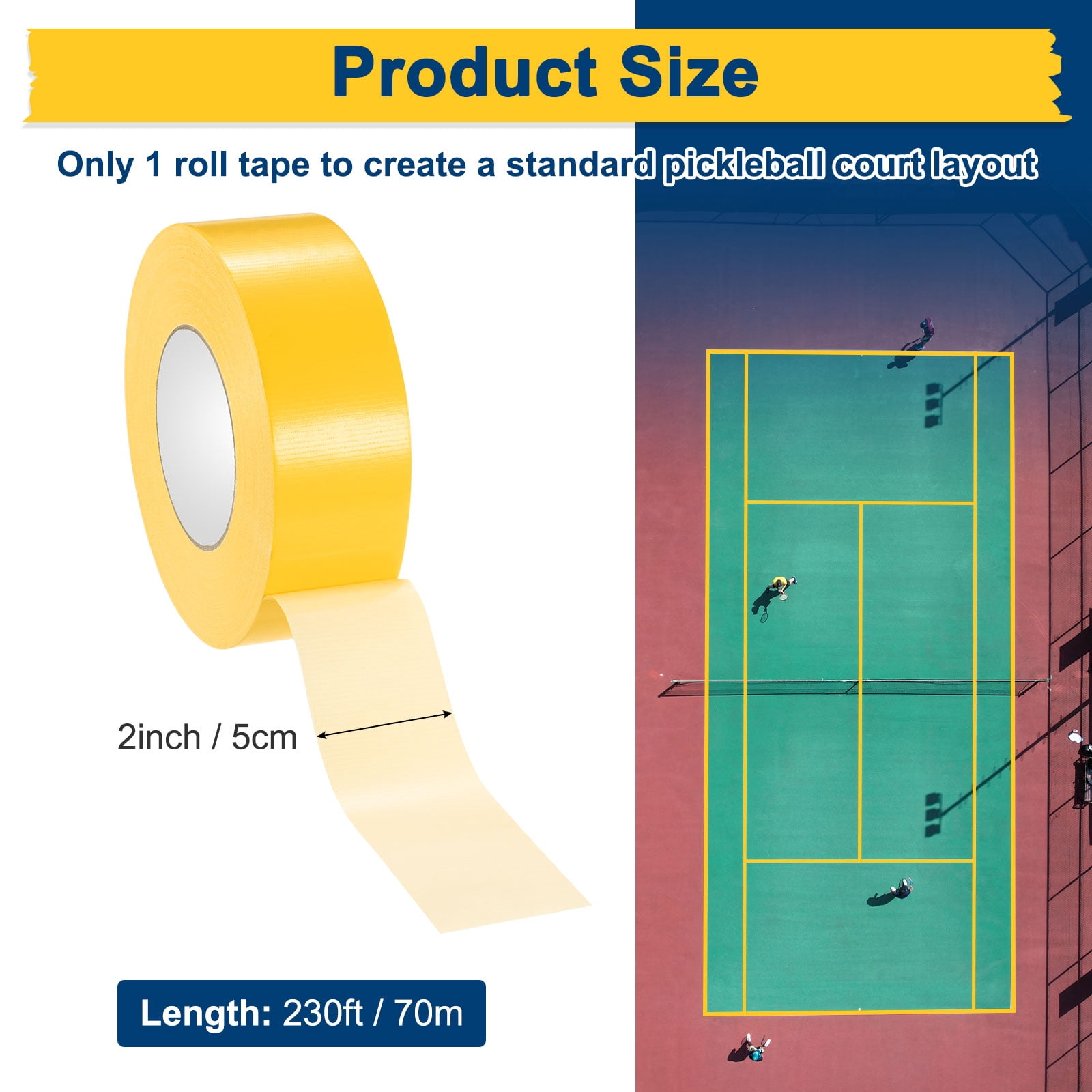 Uxcell Pickleball Court Tape, 2Inch x 230Ft Outdoor Pickleball Lines, Court Marking Kit for Temporary/Gym/Tennis/Driveway/Badminton/Sport [Yellow]
