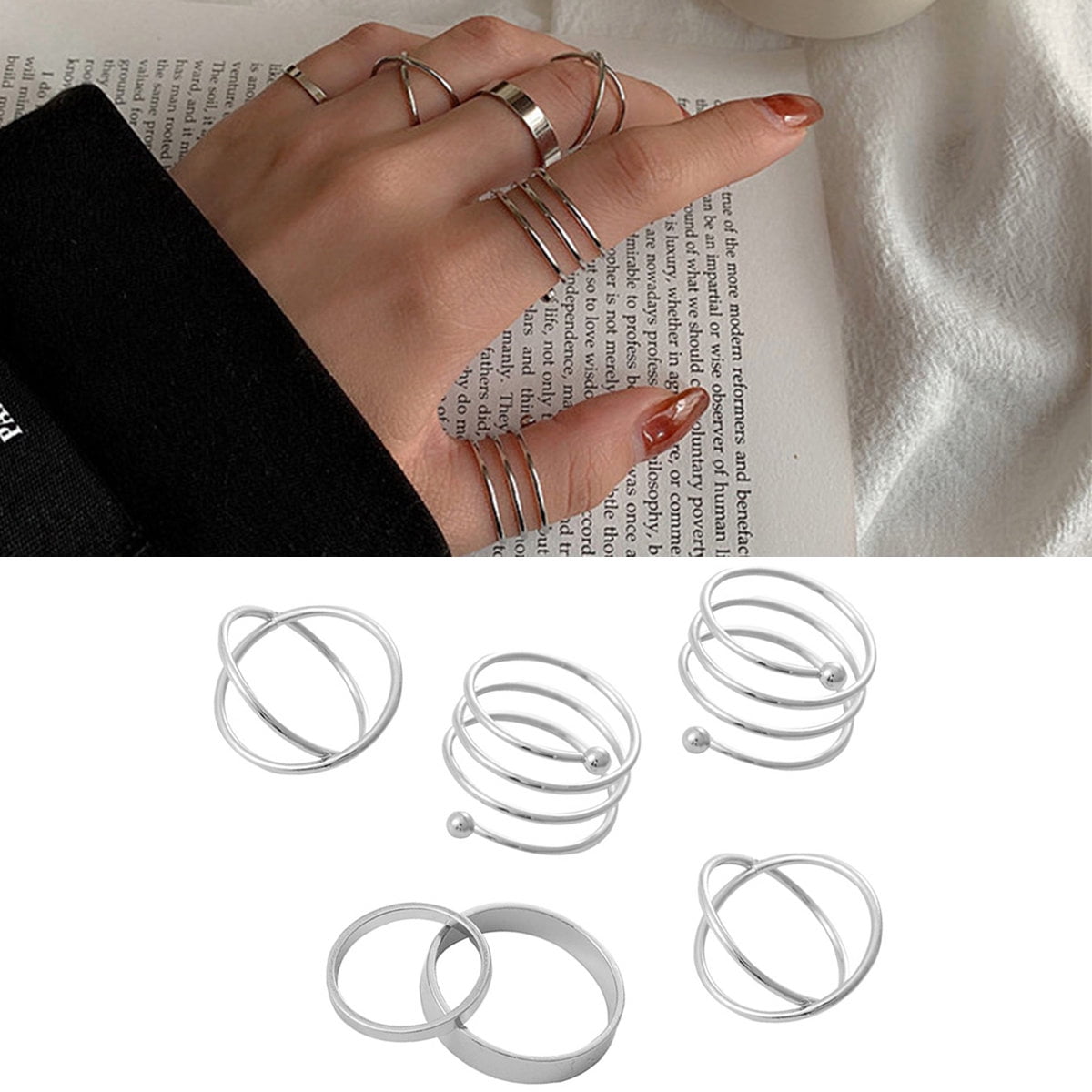 Real 925 Sterling Silver Geometric Oval & T Bar Plain Stacking Rings Set