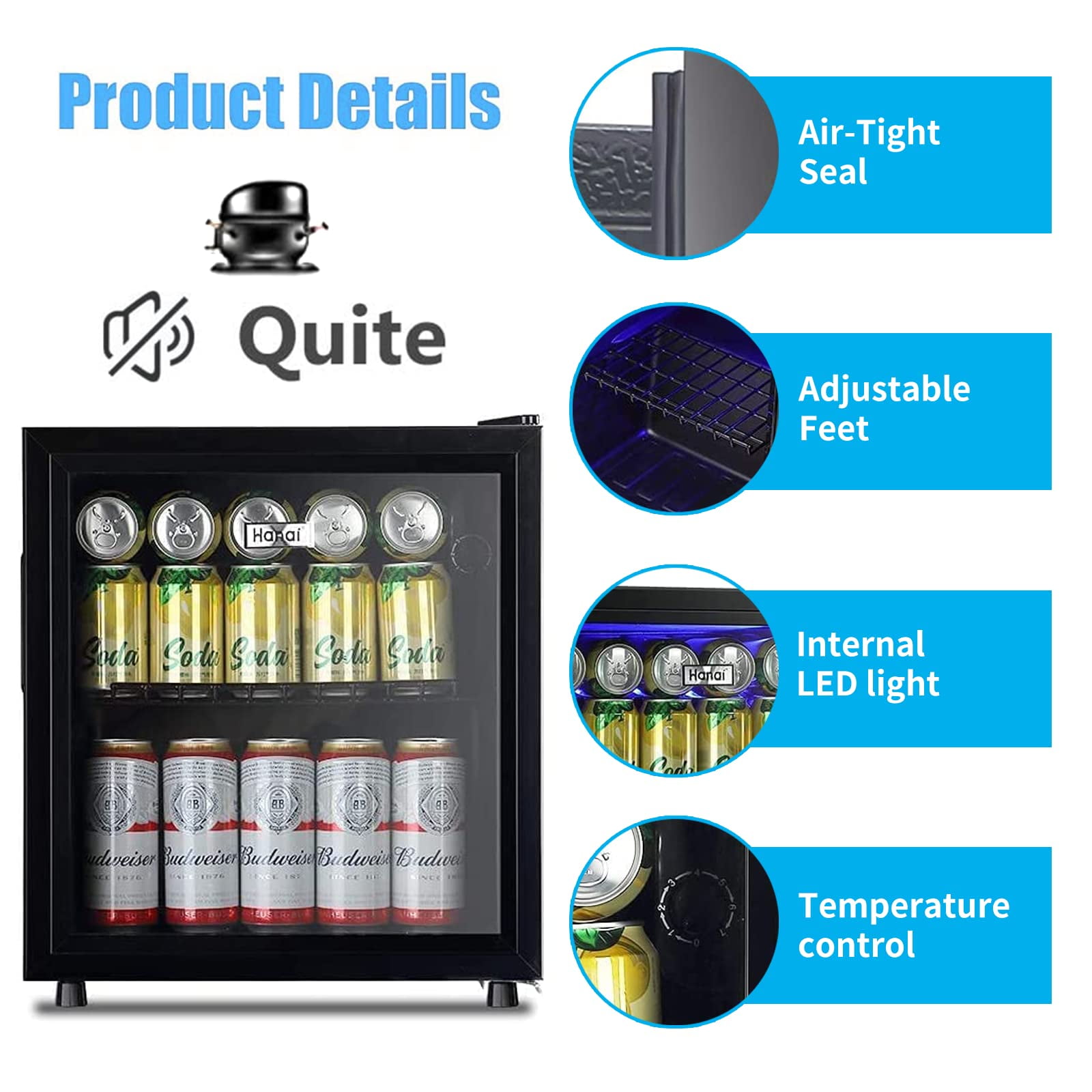 62-Can Beverage Cooler and Refrigerator, Small Mini Fridge for Home, Office or Bar with Glass Door and Adjustable Removable Shelves，Perfect for Soda Beer or Wine, Stainless Steel, 1.6 Cu.Ft.