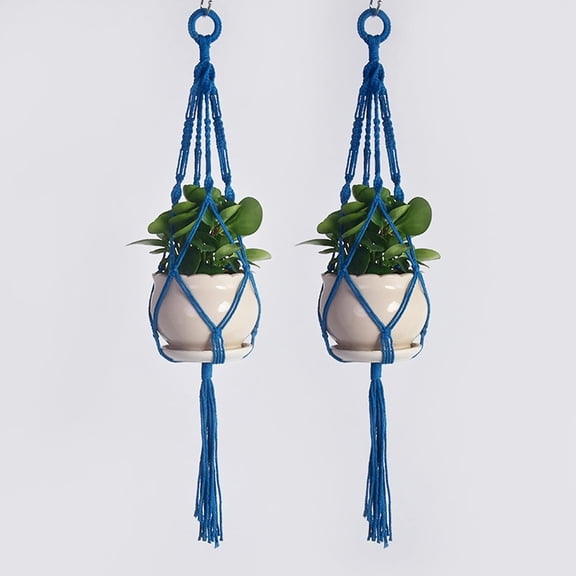 Boho-Style Macrame Plant Hanger, Extra Long Cotton Rope For Indoor Outdoor Decor, No Tassel Design, Sturdy For Hanging Large Pots (Blue, 2 Pack)