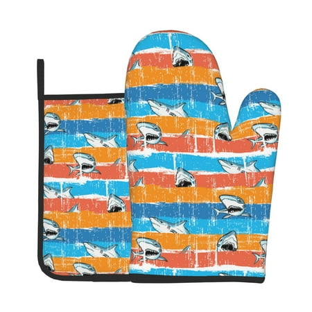 

Tebeau Shark On Line Print Oven Mitts and Pan Racks 2-Piece Set Kitchen Oven Mitts and Pan Racks Heat Resistant 500 °F for Baking and Cooking