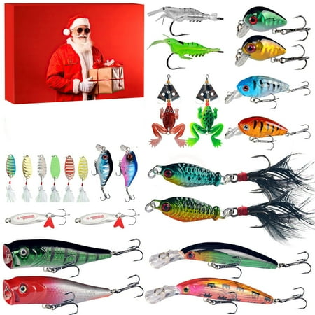 QLUEWX 24-Day Christmas Fishing Advent Calendar 34cm Large Tackle Blind Box Mixed Hard Minnow Crankbait Spinner & Soft Frog Shrimp Baits Xmas Gift for Anglers Freshwater Saltwater Fishing