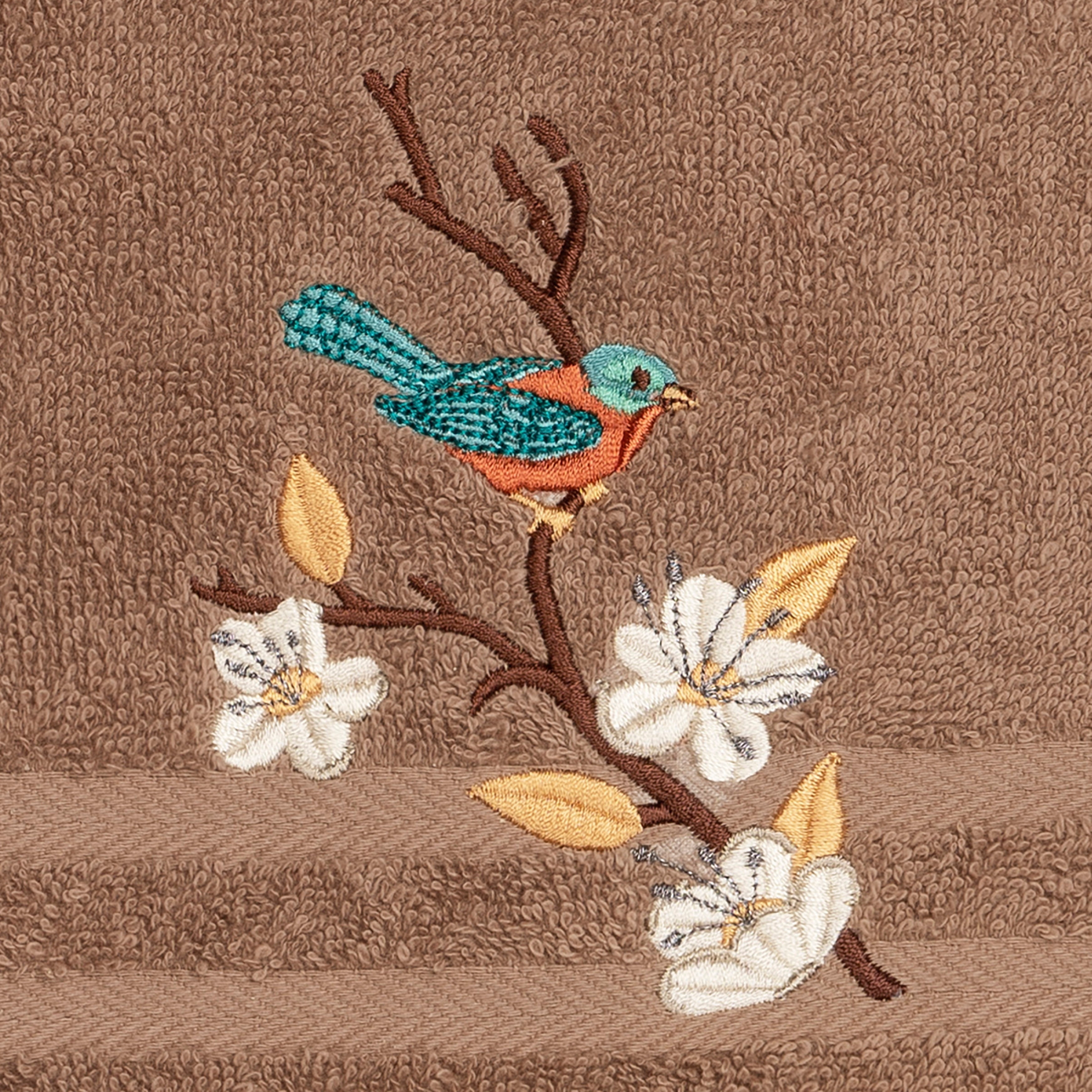 Authentic Hotel and Spa  Turkish Cotton Blue Bird Embroidered Latte Brown 2-piece Towel Hand Set